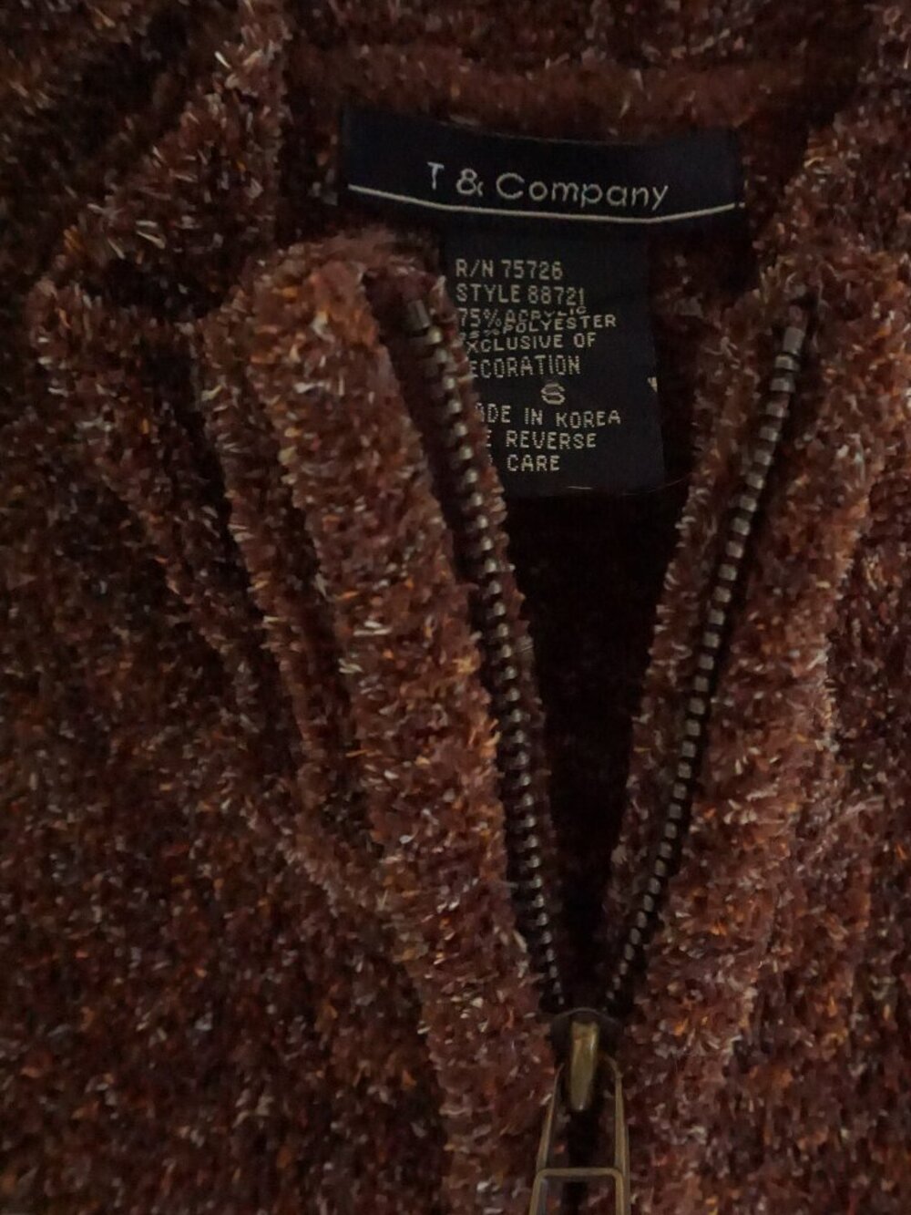 Vintage T & Company Brown Floral Embroidered Chenille Zip Boho Cardigan S - Picture 10 of 10